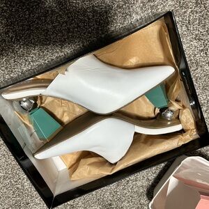Alfani White Mules with Silver and Teal Accents